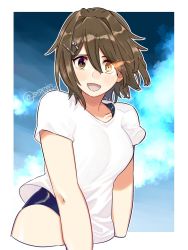 Rule 34 | blue one-piece swimsuit, blue sky, brown hair, cloud, cropped arms, cropped legs, furutaka (kancolle), glowing, glowing eye, heterochromia, kantai collection, one-piece swimsuit, sagamiso, shirt, short hair, sky, swimsuit, swimsuit under clothes, t-shirt, white shirt, yellow eyes