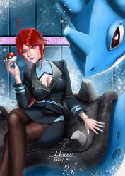 Rule 34 | 1girl, absurdres, ahoge, akanui, ball, black pantyhose, business suit, creatures (company), crossed legs, fine fabric emphasis, formal, game freak, gen 1 pokemon, glasses, highres, holding, holding ball, holding poke ball, lapras, legs, lips, lipstick, looking at viewer, lorelei (pokemon), makeup, nintendo, pantyhose, poke ball, poke ball (basic), pokemon, pokemon (creature), pokemon lgpe, red eyes, red hair, sitting, skirt, solo, suit, thighband pantyhose