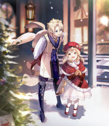 Rule 34 | 1boy, 1girl, absurdres, ahoge, albedo (genshin impact), aqua eyes, arms behind back, black choker, black footwear, black shorts, blonde hair, blue vest, blurry, blurry background, blurry foreground, boots, braid, brown mittens, capelet, child, choker, christmas, christmas ornaments, christmas tree, coat, commentary request, diffraction spikes, dodoco (genshin impact), dress, frilled dress, frills, full body, fur-trimmed capelet, fur trim, genshin impact, hair between eyes, hands up, hat, highres, holding, holding stuffed toy, klee (genshin impact), knee boots, lantern, lens flare, light brown hair, long sleeves, looking at another, looking down, low twintails, medium hair, mittens, open mouth, outdoors, pantyhose, parted bangs, pointy ears, red capelet, red coat, red eyes, red footwear, red hair, rokuon, round teeth, shadow, shirt, shoes, shorts, sidelocks, sleeveless, sleeveless coat, smile, snow, snowing, standing, stuffed animal, stuffed rabbit, stuffed toy, teeth, tree, twintails, vest, vision (genshin impact), white coat, white pantyhose, white shirt, window