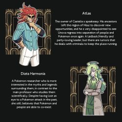 Rule 34 | 1920s (style), 1boy, 1girl, blue shirt, coat, creatures (company), crossed arms, english text, fluorart, game freak, green hair, grey coat, hand on own chin, highres, long hair, multicolored hair, nintendo, one eye covered, original, pants, pokemon, pokemon legends: arceus, red hair, shirt, smile, two-tone hair, upper body, white pants