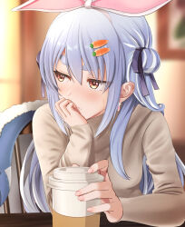 Rule 34 | 1girl, \||/, animal ears, black ribbon, blue hair, blurry, blurry background, blush, carrot hair ornament, closed mouth, commentary request, cup, dogu illust, embarrassed, eyelashes, eyes visible through hair, fingernails, food-themed hair ornament, frown, hair between eyes, hair ornament, hair ribbon, hand on own chin, highres, holding, holding cup, hololive, indoors, jitome, long hair, looking to the side, nose blush, on chair, orange hair, rabbit ears, rabbit girl, ribbon, shirt, sidelocks, sitting, sleeves past wrists, solo, sweatdrop, thick eyebrows, two side up, usada pekora, usada pekora (casual), very long hair, virtual youtuber, yellow shirt