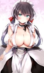 Rule 34 | 1girl, apron, aqua eyes, arm under breasts, azur lane, bad id, bad pixiv id, bare shoulders, black hair, blush, bow, breast hold, breasts, choker, cleavage, closed mouth, commentary request, dress, floral background, frown, glasgow (azur lane), gradient background, hair bow, highres, large breasts, long hair, looking at viewer, low twintails, maid, maid apron, maid headdress, multicolored background, neofreet, red bow, shiny skin, sleeveless, solo, twintails, wrist cuffs