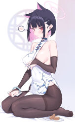 Rule 34 | 1girl, absurdres, animal ears, bare shoulders, black hair, blue archive, blue nails, blush, bracelet, breasts, bridal gauntlets, cat ears, china dress, chinese clothes, choker, cloba, colored inner hair, dress, extra ears, food, hair ornament, hairclip, halo, highres, holding, holding phone, jewelry, kazusa (blue archive), large breasts, looking at viewer, multicolored hair, pantyhose, pelvic curtain, phone, pink hair, print dress, red eyes, ring, short hair, side slit, sideboob, sitting, sleeveless, sleeveless dress, solo, spoken blush, thighband pantyhose, two-tone hair, wariza