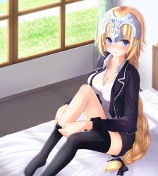 Rule 34 | 1girl, alternate costume, black jacket, black skirt, black thighhighs, blonde hair, blue eyes, blush, braid, breasts, cleavage, curtains, fate/apocrypha, fate/grand order, fate (series), headpiece, highres, indoors, jacket, jeanne d&#039;arc (fate), jeanne d&#039;arc (ruler) (fate), long hair, looking at viewer, medium breasts, natsuya (pucelle), on bed, pillow, school uniform, single braid, sitting, skirt, solo, thighhighs, very long hair, window