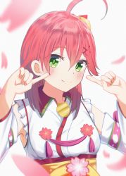 Rule 34 | 1girl, absurdres, ahoge, blush, detached sleeves, dunggeul dunggeul, eyes visible through hair, green eyes, hair between eyes, hair ornament, hairclip, highres, hololive, looking at viewer, parted lips, petals, pink hair, pointing, pointing at self, sakura miko, sakura miko (1st costume), solo, virtual youtuber, x hair ornament