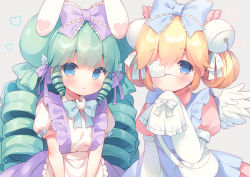 Rule 34 | 2girls, :o, apron, bag, bell, blue apron, blue bow, blue eyes, blush, bow, closed mouth, collared dress, commentary request, commission, cutesu (cutesuu), double bun, dress, drill hair, eyepatch, frilled apron, frills, green hair, grey background, hair bell, hair between eyes, hair bow, hair bun, hair ornament, heart, highres, jingle bell, layered sleeves, long hair, long sleeves, looking at viewer, medical eyepatch, miruku (cutesuu), multiple girls, original, parted lips, pink dress, pixiv commission, puffy short sleeves, puffy sleeves, purple bow, purple skirt, shirt, short over long sleeves, short sleeves, shoulder bag, simple background, skirt, sleeves past fingers, sleeves past wrists, smile, suspender skirt, suspenders, usashiro mani, very long hair, waist apron, white apron, white shirt