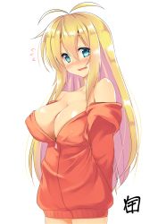 Rule 34 | 1girl, antenna hair, bare shoulders, blonde hair, blue eyes, blush, breasts, cleavage, collarbone, commentary request, fang, hair between eyes, highres, jacket, large breasts, long hair, long sleeves, looking at viewer, minase nagi, open mouth, red jacket, simple background, solo, tsurumaki maki, voiceroid, white background