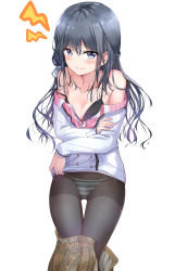 Rule 34 | 1girl, absurdres, adagaki aki, black bra, black hair, black pantyhose, blue eyes, blush, bra, breasts, brown skirt, cleavage, clothes down, clothes pull, collarbone, embarrassed, floating hair, hair between eyes, highres, long hair, looking at viewer, masamune-kun no revenge, open clothes, open skirt, panties, panties under pantyhose, pantyhose, pleated skirt, red ribbon, ribbon, simple background, skirt, skirt pull, small breasts, smile, solo, striped clothes, striped panties, sunhyun, underwear, white background