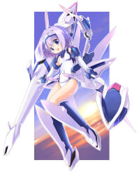 Rule 34 | 1girl, :d, armored boots, blue eyes, blush, boots, commentary request, covered navel, elbow gloves, emurin, exelica, flat chest, flying, full body, gloves, hair between eyes, hairband, leotard, looking at viewer, mecha musume, open mouth, purple hair, short hair, sky, smile, solo, sun, sunrise, sunset, trigger heart exelica, white gloves, white hairband, white leotard