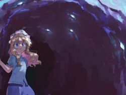 Rule 34 | 1girl, blonde hair, blue eyes, blue shirt, blue skirt, cave, cave interior, collared shirt, hat, long hair, maribel hearn, mob cap, nama udon, neo-traditionalism of japan, open mouth, shirt, short sleeves, skirt, solo, touhou, white hat