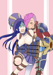 Rule 34 | 2girls, areola slip, armor, blue eyes, blue hair, breasts, caitlyn (league of legends), catnap knight kureto, cleavage, earrings, closed eyes, eyeshadow, fang, fingerless gloves, gloves, hat, highres, jewelry, large breasts, league of legends, lipstick, machinery, makeup, multiple girls, open mouth, pink hair, puckered lips, sweat, tattoo, top hat, vi (league of legends), yuri
