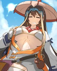 Rule 34 | 1girl, ajirogasa, bead necklace, beads, bikini, blue sky, breasts, bridal gauntlets, brown hair, commentary request, day, earrings, closed eyes, fate/grand order, fate (series), gin moku, gourd, hat, hoop earrings, hot, jewelry, large breasts, long hair, necklace, sky, solo, sweat, swimsuit, xuangzang sanzang (fate)