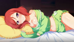 Rule 34 | 1girl, artist name, artist request, bare legs, bare shoulders, bed, blush, bow, breasts, cleavage, collarbone, female focus, green pajamas, green shorts, hair between eyes, indoors, long sleeves, looking at viewer, love live!, love live! school idol festival, love live! school idol project, medium breasts, nishikino maki, on bed, pajamas, parted lips, pillow, purple eyes, red hair, short hair, short shorts, shorts, smile, solo, white bow, zipper, zipper pull tab