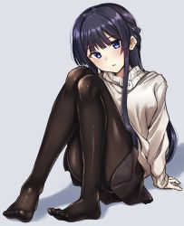 Rule 34 | 1girl, black hair, blue eyes, blush, brown pantyhose, brown skirt, commentary, full body, grey background, highres, idolmaster, idolmaster million live!, kurousagi yuu, long hair, long sleeves, looking at viewer, mogami shizuka, no shoes, open mouth, pantyhose, shadow, simple background, sitting, skirt, solo, sweater, thighs, white sweater