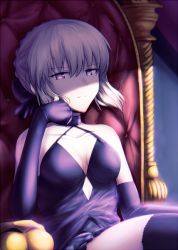 Rule 34 | 1girl, argyle, argyle clothes, argyle cutout, artoria pendragon (all), artoria pendragon (fate), black dress, black gloves, black thighhighs, breasts, character cutout, cleavage, clothing cutout, collarbone, dress, elbow gloves, fal (fal-se-0), fate/stay night, fate (series), gloves, hair between eyes, head rest, lowres, medium breasts, saber alter, short hair, silver hair, sitting, sleeveless, sleeveless dress, solo, thighhighs