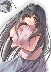 Rule 34 | 1girl, black hair, breasts, brown eyes, child, creek (moon-sky), dreaming, hair between eyes, highres, large breasts, long hair, looking at viewer, aged up, original, ribbed sweater, simple background, skirt, sleeping, sleeveless, sleeveless turtleneck, smile, sweater, thought bubble, turtleneck, youjo (creek (moon-sky))