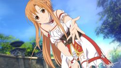 Rule 34 | 1girl, arm strap, asuna (sao), bad id, bad yandere id, bent over, blue sky, blurry, blurry background, braid, breasts, brown eyes, brown hair, closed mouth, collarbone, day, detached collar, facing viewer, floating hair, french braid, from below, game cg, hair between eyes, hand on lap, highres, layered skirt, long hair, looking at viewer, medium breasts, miniskirt, open mouth, outdoors, parted bangs, pov, reaching, reaching towards viewer, skirt, sky, smile, solo, sword art online, sword art online: hollow realization, underbust, very long hair, white skirt