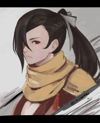 Rule 34 | 1girl, black hair, breasts, brown eyes, cleavage, cleavage cutout, clothing cutout, cm lynarc, expressionless, fire emblem, fire emblem fates, hair ribbon, highres, jitome, kagero (fire emblem), long bangs, looking at viewer, nintendo, one eye covered, ponytail, ribbon, scarf, tassel, upper body, white ribbon, yellow scarf