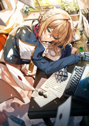 Rule 34 | 1girl, ascot, blonde hair, blue eyes, blue jacket, book, braid, braided bun, brooch, candle, chair, commentary request, crown braid, curtains, envelope, green brooch, hair bun, hair intakes, highres, hirai yuzuki, jacket, jewelry, letter, mechanical arms, mechanical hands, necklace, prosthesis, prosthetic hand, red ribbon, ribbon, table, typewriter, unworn jewelry, unworn necklace, violet evergarden, violet evergarden (series), white ascot, window