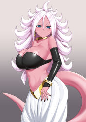 Rule 34 | 1girl, android 21, black nails, black tube top, bracelet, breasts, choker, cleavage, colored skin, dragon ball, dragon ball fighterz, earrings, female majin, harem pants, hi rontea, hoop earrings, jewelry, large breasts, light persona, majin android 21, nail polish, pants, pink skin, pointy ears, smile, solo, strapless, tail, tube top, white hair, white pants, yellow choker