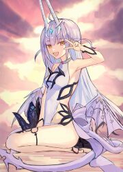 Rule 34 | 1girl, absurdres, armpits, bare shoulders, beach, breasts, cloud, cloudy sky, dragon tail, dragon wings, fate/grand order, fate (series), forked eyebrows, gradient sky, highres, horns, long hair, looking at viewer, melusine (fate), melusine (swimsuit ruler) (fate), one-piece swimsuit, open mouth, orange sky, sandals, seiza, sidelocks, sitting, sky, small breasts, smile, solo, sunset, swimsuit, tail, tamago999q, thighlet, thighs, twilight, v, white hair, white one-piece swimsuit, wings, yellow eyes