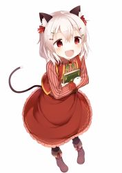 Rule 34 | 1girl, :d, albino, animal ears, book, hugging book, bow, dress, hair bow, hair ornament, hairclip, highres, holding, holding book, muku (muku-coffee), hugging object, open mouth, original, red dress, red eyes, shiro (muku), silver hair, smile, solo, tail, white background