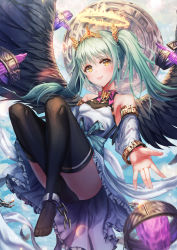 Rule 34 | 1girl, absurdres, angel, angel wings, black thighhighs, black wings, blue sky, blush, bracelet, breasts, broken, broken chain, chain, convenient leg, day, detached sleeves, dress, green hair, hair ornament, halo, highres, jewelry, looking at viewer, original, outdoors, sky, small breasts, thighhighs, tiara, tmtl aos, twintails, white dress, wings, yellow eyes