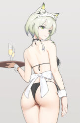 Rule 34 | 1girl, absurdres, alternate costume, animal ears, apron, arknights, ass, back, bikini, black apron, bow, breasts, cat ears, closed mouth, commentary, cowboy shot, cup, drinking glass, earclip, english commentary, expressionless, from behind, green eyes, grey background, hair between eyes, highres, holding, holding tray, houkago shounen, kal&#039;tsit (arknights), light green hair, looking at viewer, looking back, maid headdress, material growth, medium breasts, oripathy lesion (arknights), short hair, side-tie bikini bottom, sidelocks, simple background, solo, standing, string bikini, swimsuit, thigh gap, thighs, tray, white apron, white bow, wine glass, wrist cuffs