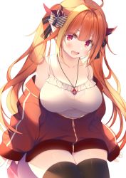 Rule 34 | 1girl, ahoge, anju (mocomocousagi), bare shoulders, black ribbon, black thighhighs, blonde hair, blunt bangs, blush, bow, breasts, camisole, cleavage, collarbone, commentary, commentary request, cowboy shot, diagonal-striped bow, dragon girl, dragon horns, dragon tail, eyes visible through hair, fang, frilled camisole, frills, hair intakes, hair ribbon, hololive, horn bow, horn ornament, horns, jacket, jewelry, kiryu coco, kiryu coco (loungewear), large breasts, long hair, long sleeves, looking at viewer, multicolored hair, off shoulder, official alternate costume, open mouth, orange hair, partially unzipped, pendant, pointy ears, purple eyes, red jacket, ribbon, see-through, sidelocks, simple background, sleeves past wrists, solo, spaghetti strap, streaked hair, striped, striped bow, symbol-only commentary, tail, thighhighs, track jacket, twintails, virtual youtuber, white background, white camisole, zipper, zipper pull tab