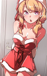 Rule 34 | 1girl, absurdres, bare shoulders, blonde hair, blush, bow, breasts, christmas, cleavage, colored eyelashes, commentary request, door, dress, dutch angle, eyes visible through hair, fur-trimmed dress, fur trim, gokuu (acoloredpencil), hair bow, hair tie, hat, highres, indoors, long hair, looking at viewer, medium breasts, open mouth, pink lips, purple eyes, red dress, red hat, santa dress, santa hat, shiny skin, short dress, sidelocks, solo, standing, strapless, strapless dress, thighs, touhou, yakumo yukari