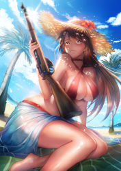 Rule 34 | 1girl, alternate costume, beach, blush, bolt action, breasts, brown hair, cloud, cloudy sky, commentary, day, english commentary, girls&#039; frontline, green eyes, gun, hat, highres, holding, holding gun, holding weapon, huamuan huamuan, large breasts, lee-enfield, lee-enfield (girls&#039; frontline), long hair, palm tree, rifle, sky, sling bikini top, straw hat, sweatdrop, swimsuit, tree, weapon
