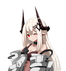 Rule 34 | 1girl, ;), absurdres, arknights, bare shoulders, black choker, black gloves, blush, breasts, choker, cleavage, collarbone, commentary, crop top, gloves, hair between eyes, hand up, highres, horns, huizhiyin, infection monitor (arknights), long hair, looking at viewer, material growth, midriff, mudrock (arknights), mudrock (elite ii) (arknights), navel, off shoulder, one eye closed, open clothes, oripathy lesion (arknights), pointy ears, red eyes, silver hair, simple background, smile, solo, sports bra, stomach, upper body, white background