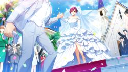 Rule 34 | confetti, day, doukyuusei, dress, earrings, elbow gloves, from below, game cg, gloves, grey jacket, grey pants, hair between eyes, head out of frame, high heels, highres, holding hands, jacket, jewelry, layered dress, long dress, naruse kaori (doukyuusei), official art, open clothes, open jacket, open mouth, outdoors, pants, pumps, purple eyes, purple hair, red lips, short hair, sleeveless, sleeveless dress, sumeragi kohaku, vest, wedding, wedding dress, white dress, white footwear, white gloves, white vest