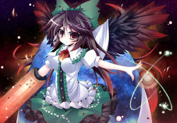 Rule 34 | 1girl, arm cannon, black hair, black wings, bow, breasts, cape, female focus, frills, futase hijiri, gradient background, hair bow, impossible clothes, long hair, red eyes, reiuji utsuho, skirt, smile, solo, third eye, touhou, weapon, wings