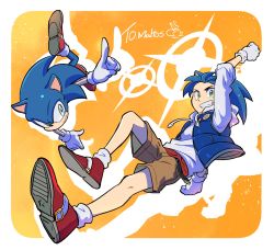 Rule 34 | 2boys, animal ears, bad id, bad twitter id, bae (baebae), blue hair, blue jacket, brown shorts, dual persona, gloves, green eyes, grin, highres, jacket, male focus, multiple boys, personification, red footwear, shoes, shorts, signature, smile, sneakers, sonic (series), sonic the hedgehog, sweater, white gloves, white sweater