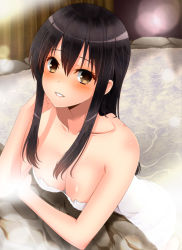 Rule 34 | 10s, 1girl, akagi (kancolle), arm rest, bare arms, bare shoulders, bath, bathing, black hair, blush, breasts, brown eyes, cleavage, clenched hands, collarbone, female focus, from above, grin, hair between eyes, hand up, head rest, highres, kantai collection, kiko (okuwae), large breasts, long hair, looking at viewer, looking up, naked towel, onsen, outdoors, parted lips, rock, sidelocks, smile, solo, steam, towel, water, white towel