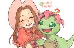 Rule 34 | 1girl, :d, ayame (artist), blush, brown hair, character name, claws, closed eyes, cowboy hat, digimon, digimon (creature), digimon adventure, fringe trim, gloves, green eyes, hat, long hair, open mouth, palmon, pink headwear, sharp teeth, simple background, smile, stampede string, tachikawa mimi, teeth, white background
