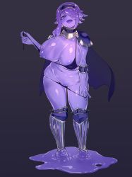 Rule 34 | 1girl, :d, armor, bikini, bikini armor, blue cape, blush, breasts, cape, colored skin, full body, hair over one eye, hairband, hand up, huge breasts, large breasts, looking at viewer, micro bikini, monster girl, navel, nipples, no nose, one breast out, one eye covered, open mouth, original, pauldrons, plump, purple eyes, purple hair, purple skin, purple theme, short hair with long locks, shoulder armor, slime girl, smile, solo, solopipb, standing, swimsuit, undressing