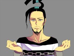 Rule 34 | 1boy, asdge23, bad id, bad pixiv id, beard, black hair, brown eyes, chain, facial hair, galdino, grey background, male focus, one piece, prison clothes, prisoner, simple background, solo
