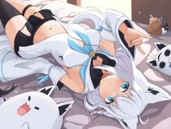 Rule 34 | 1girl, absurdres, animal ears, aqua eyes, black shorts, black thighhighs, commentary, english commentary, fox ears, fox girl, fox tail, highres, hololive, looking at viewer, lying, navel, on back, shirakami fubuki, shirakami fubuki (1st costume), shorts, single thighhigh, solo, stomach, tail, telomere, thigh strap, thighhighs, upside-down, virtual youtuber, white hair
