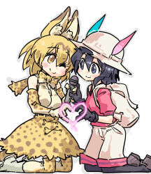 Rule 34 | 10s, 2girls, animal ears, backpack, bag, black hair, black legwear, blonde hair, blue eyes, blush, breasts, bucket hat, elbow gloves, gloves, holding hands, hat, heart, heart hands, heart hands duo, kaban (kemono friends), kemono friends, kneeling, looking at another, medium breasts, microphone, multiple girls, pantyhose, seki (red shine), serval (kemono friends), serval print, serval tail, shoes, short hair, shorts, skirt, small breasts, smile, tail, yellow eyes, yuri