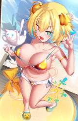 Rule 34 | + +, 1girl, :d, absurdres, animal, areola slip, armlet, big shine, bikini, bikini under clothes, blonde hair, blue eyes, blue hair, bombergirl, breasts, cat, collarbone, colored tips, covered erect nipples, explosive, fang, fuse, fuse tail, grenade, grenade hair ornament, hair ornament, highres, large breasts, lit fuse, looking at viewer, micro bikini, micro shorts, multicolored hair, navel, open mouth, oppai loli, pine (bombergirl), sandals, short hair, shorts, side-tie bikini bottom, skin fang, slippers, smile, smug, strap pull, string bikini, swimsuit, swimsuit under clothes, symbol-shaped pupils, tsurime, twintails, two-tone hair, v-shaped eyebrows, white cat, yellow bikini, yellow pupils
