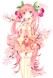 Rule 34 | 1girl, cherry, cherry blossoms, detached sleeves, food, fruit, hatsune miku, long hair, name connection, necktie, object namesake, pink eyes, pink hair, sakura miku, sakurato remi, skirt, solo, thighhighs, twintails, very long hair, vocaloid