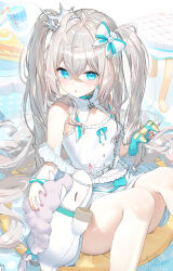 Rule 34 | 1girl, blue eyes, blush, commentary, commission, controller, crown, detached collar, double-parted bangs, game controller, grey hair, hair between eyes, highres, holding, holding controller, holding game controller, indie virtual youtuber, kiramarukou, long hair, looking at viewer, nail polish, parted lips, petr petrichor, pink nails, skeb commission, skirt, skirt set, solo, strapless, stuffed horse, surprised, symbol-only commentary, tilted headwear, tube top, very long hair, virtual youtuber, white skirt, white tube top