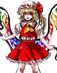 Rule 34 | 1girl, :d, ascot, blonde hair, blush, breasts, center frills, crystal, fangs, feet out of frame, flandre scarlet, frills, hair between eyes, hat, highres, holding, holding weapon, kuya (hey36253625), laevatein (touhou), legs apart, medium hair, mob cap, one side up, open mouth, petticoat, pointy ears, puffy short sleeves, puffy sleeves, red eyes, red vest, short sleeves, skirt, skirt set, small breasts, smile, solo, touhou, vest, weapon, wings, yellow ascot