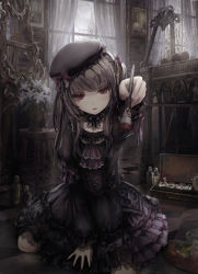 Rule 34 | 1girl, arm support, ascot, beret, between legs, black bow, black dress, black hat, bottle, bow, church, commentary request, curtains, dress, easel, fingernails, flower, frilled hat, frills, glass bottle, gothic lolita, grey hair, hand between legs, hat, hat bow, head tilt, highres, holding, holding paintbrush, indoors, juliet sleeves, lolita fashion, long hair, long sleeves, looking at viewer, missile228, original, outstretched arm, paint tube, paintbrush, painting (object), palette (object), parted lips, plant, potted plant, puffy sleeves, purple ascot, red bow, red eyes, sitting, solo, stool, table, tower, very long hair, wariza, white flower, window