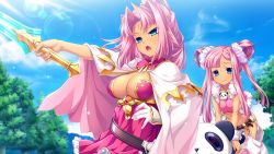 Rule 34 | 2girls, arm up, bandeau, belt, blue eyes, breasts, chaps, cleavage, cloud, day, dress, female focus, fur trim, game cg, gloves, hair intakes, hikage eiji, koihime musou, large breasts, long hair, multiple girls, no bra, open mouth, outdoors, outstretched arm, panda, panties, plant, ponytail, red dress, riding, robot, scrunchie, short dress, shouting, siblings, single glove, sisters, sky, sonken, sonshoukou, standing, strapless, strapless dress, striped clothes, striped panties, suzukuri karin-chan, sword, tree, twintails, underwear, very long hair, vest, weapon, white gloves