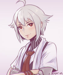 Rule 34 | 1girl, artist name, blush, brown eyes, chromatic aberration, closed mouth, collared shirt, crossed arms, dana zane, gradient background, hair between eyes, hair flaps, head tilt, koyorin, looking at viewer, mechanical arms, necktie, red necktie, shirt, short hair, short sleeves, silver hair, single mechanical arm, smile, solo, sweatband, turtleneck, upper body, va-11 hall-a, white shirt, wing collar