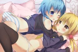 Rule 34 | 10s, 2girls, :o, ;d, all fours, ass, bed, bed sheet, black legwear, blonde hair, blue eyes, blue hair, blush, bra, clothes lift, crescent, crescent pin, eyebrows, ezoshika gg, fang, girl on top, hair ornament, hands on another&#039;s shoulders, kantai collection, long hair, long sleeves, looking at another, looking at viewer, looking back, lying, midriff, minazuki (kancolle), multiple girls, navel, necktie, no pants, off shoulder, on back, on bed, one eye closed, open mouth, panties, panty pull, pillow, remodel (kantai collection), satsuki (kancolle), school uniform, serafuku, shirt lift, smile, striped clothes, striped panties, thighhighs, twintails, underwear, white bra, white panties, yellow eyes, yellow necktie, yuri