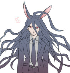 Rule 34 | 1boy, ahoge, animal ears, belt, black belt, black hair, black necktie, black pants, collared shirt, danganronpa (series), danganronpa v3: killing harmony, grey shirt, hair between eyes, jacket, kamukura izuru, long hair, messy hair, necktie, open clothes, open jacket, pants, rabbit ears, red eyes, shirt, simple background, solo, uzu (uzusio55), very long hair, white background